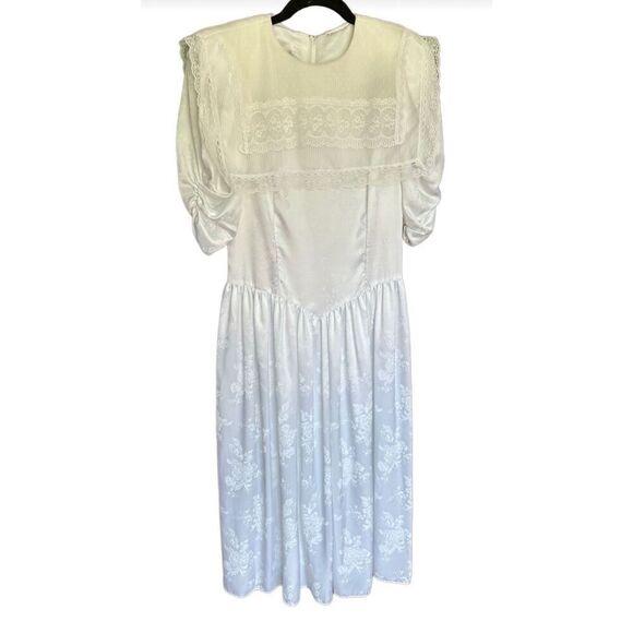 Vintage Gunne Sax Jessica McClintock White Satin w/ Lace overlay collar wedding - Picture 2 of 16